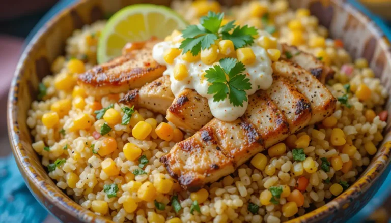 Elevate Your Meal Game with a Street Corn Chicken Rice Bowl 5 Close-up of a colorful Mexican street corn chicken rice bowl garnished with fresh cilantro and lime wedges