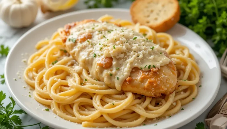 A plate of creamy Chicken Parmesan Alfredo pasta topped with crispy parmesan-crusted chicken and fresh parsley garnish