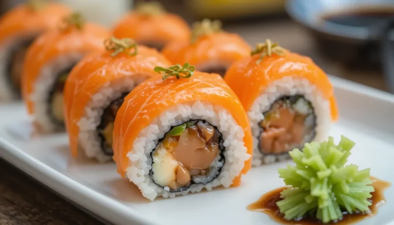 A traditional presentation of the salmon skin roll accompanied by soy sauce and wasabi.