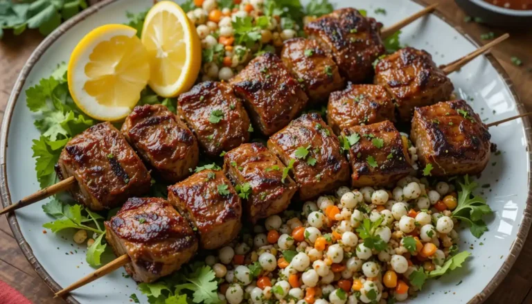 The Ultimate Guide to Lamb Kabob and Tabouli: A Delicious Middle Eastern Duo 10 A vibrant platter featuring grilled lamb kabobs served alongside a fresh tabouli salad, garnished with herbs and lemon wedges