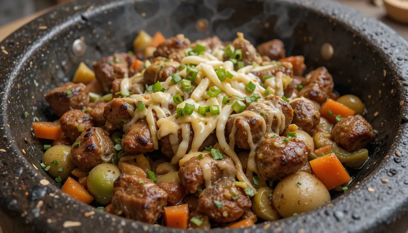 Molcajete Recipe: A Delicious Mexican Tradition 1 A sizzling molcajete filled with grilled meats, vegetables, and melted cheese, showcasing a traditional Molcajete de Carne dish