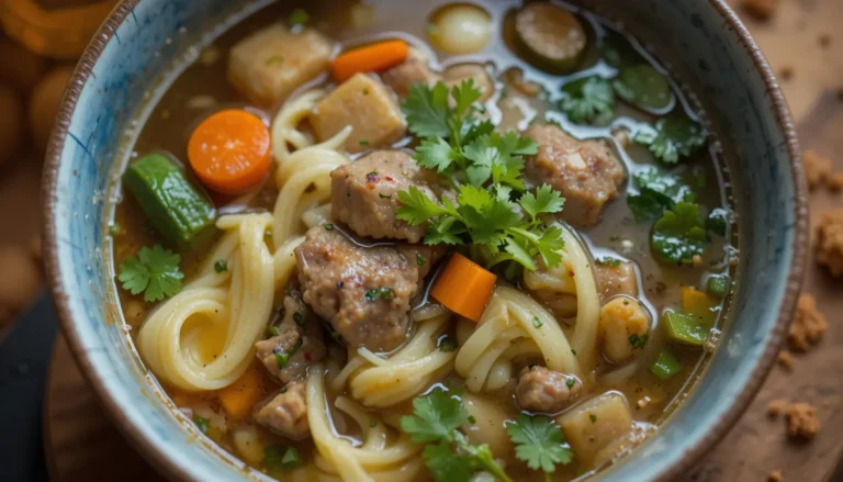 How to Make Lamb Bone Broth: A Nourishing and Flavorful Recipe 7 A bowl of hearty soup made with lamb bone broth, featuring vegetables and noodles