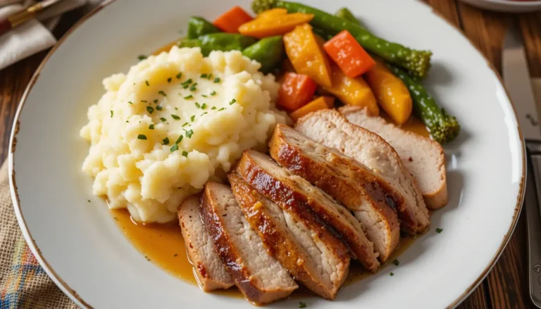 Smoked turkey breast served with mashed potatoes and steamed vegetables
