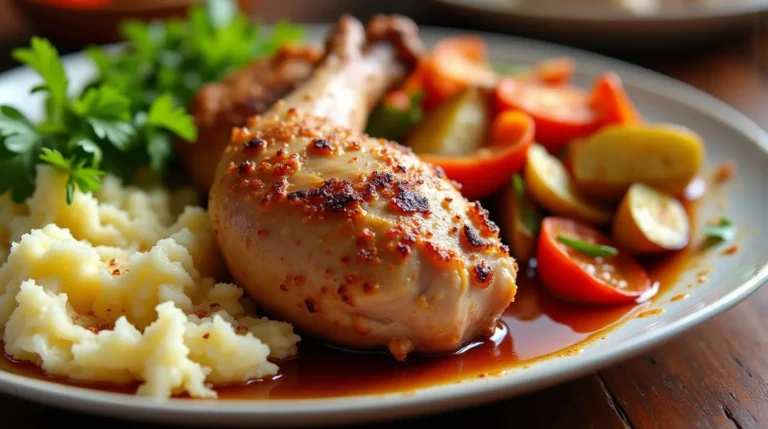 turkey leg recipe​: Plated turkey leg served with mashed potatoes and roasted vegetables