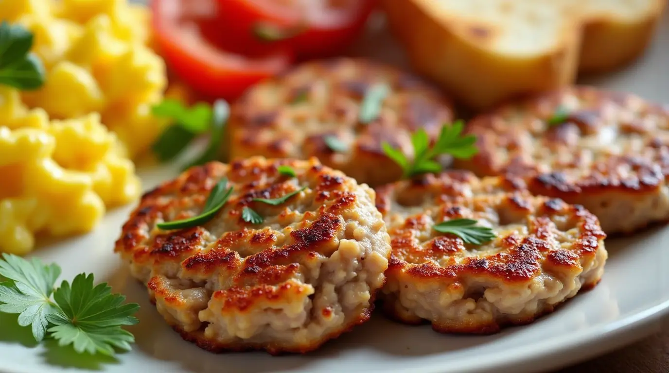 turkey sausage recipe: Plated turkey sausage patties with a side of scrambled eggs and toast for a hearty breakfast