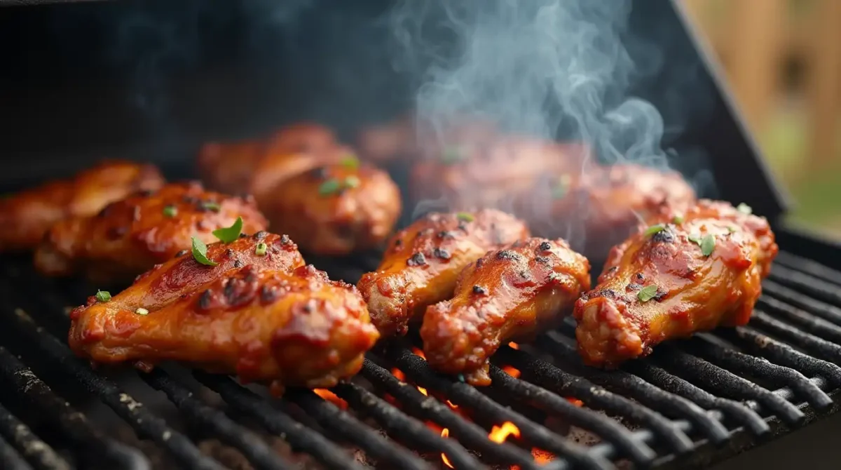 cooking turkey wings: Turkey wings grilling on a barbecue with smoke rising cooking turkey wings: Turkey wings grilling on a barbecue with smoke rising