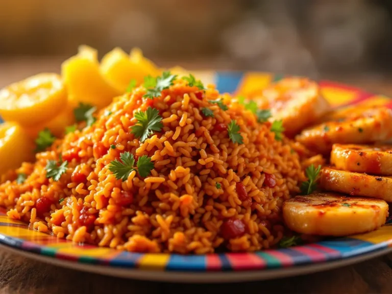 Jollof Rice Ghana: A Simple Guide to West African Flavor 9 A serving of Ghanaian Jollof Rice on a plate with fried plantains and grilled chicken, garnished with parsley