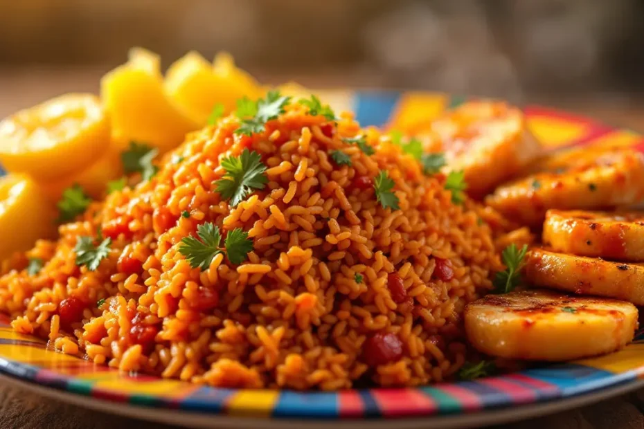 A serving of Ghanaian Jollof Rice on a plate with fried plantains and grilled chicken, garnished with parsley