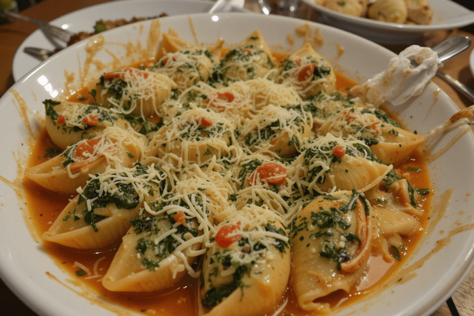 Chicken and spinach stuffed shells served at a dinner table