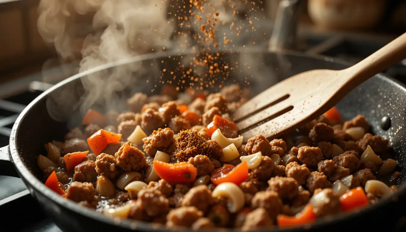 Savory Beef And Sweet Potato Skillet: Irresistible 30-Minute Meal! 2 Browning ground beef with onions and spices in a skillet for Beef and Sweet Potato Skillet