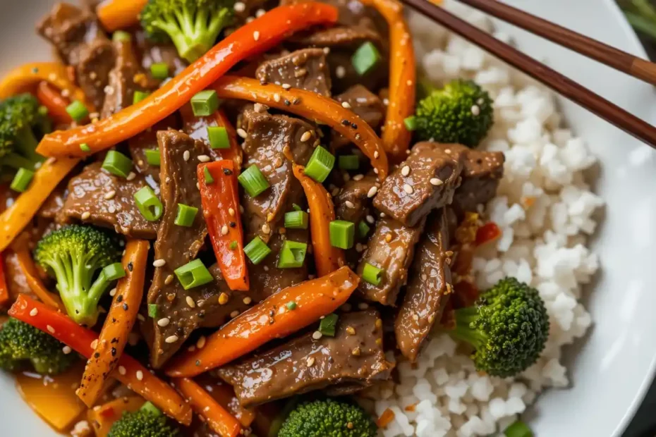 Classic Beef Stir-Fry with tender beef, colorful bell peppers, broccoli, and sesame seeds, served over steamed rice