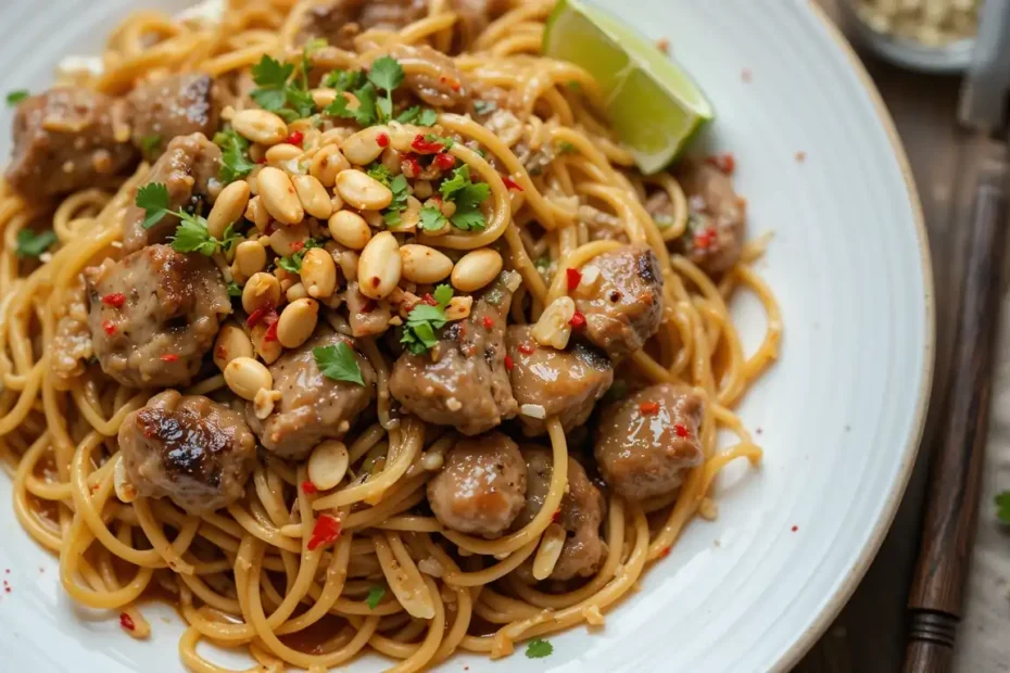 A plate of pork pad thai garnished with peanuts, lime wedges, and chili flakes