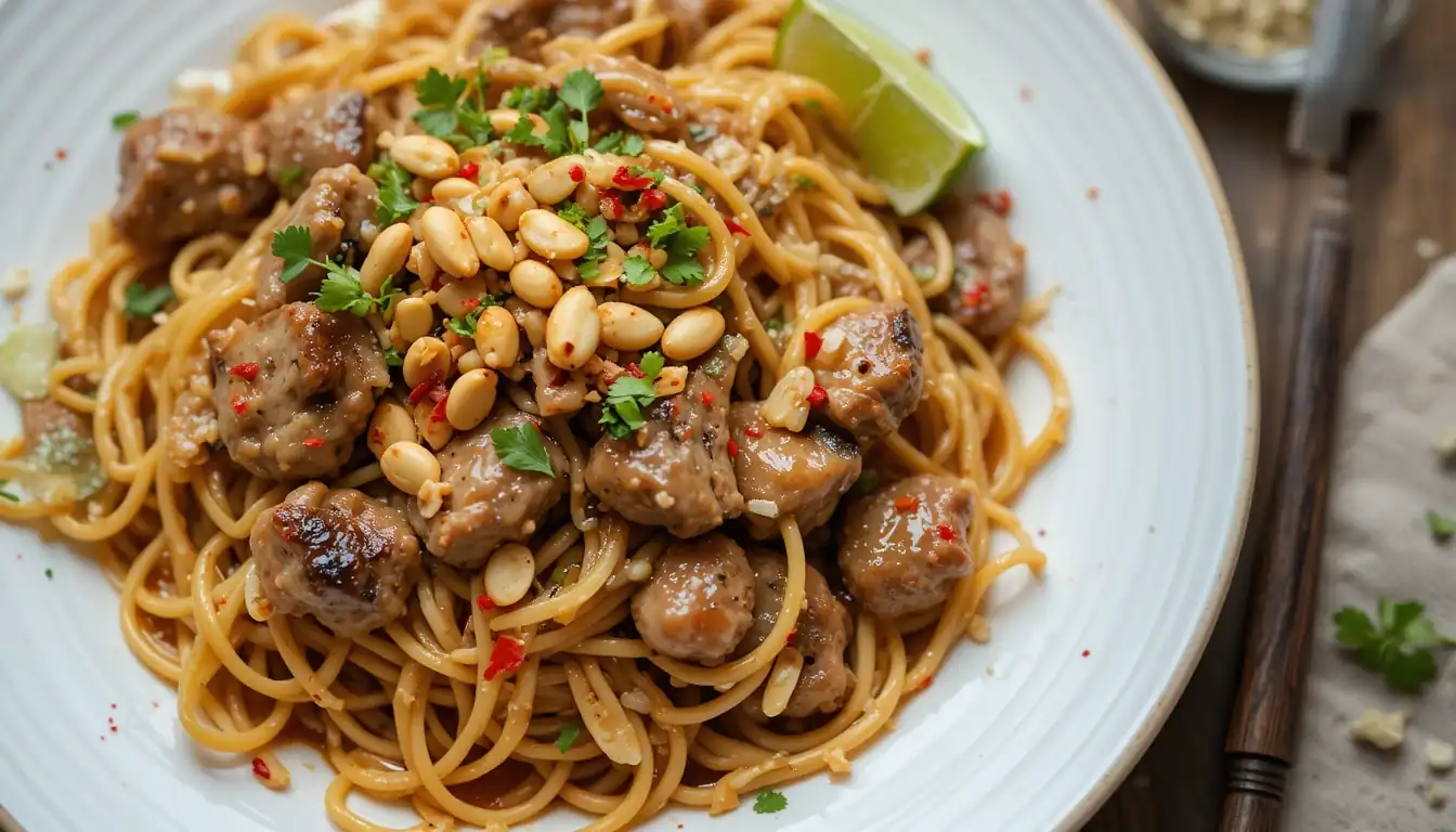A Simple and Delicious Pork Pad Thai Recipe 1 A plate of pork pad thai garnished with peanuts, lime wedges, and chili flakes