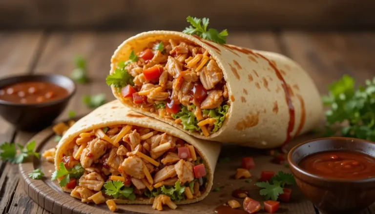 Irresistible BBQ Rotisserie Chicken Wraps: Smoky, Savory & Simple! 11 BBQ rotisserie chicken wrap sliced open with smoky sauce, fresh veggies, and melted cheese on a rustic board