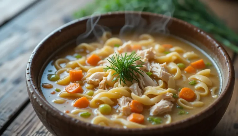 Creamy rotisserie chicken noodle soup in rustic bowl with fresh dill garnish