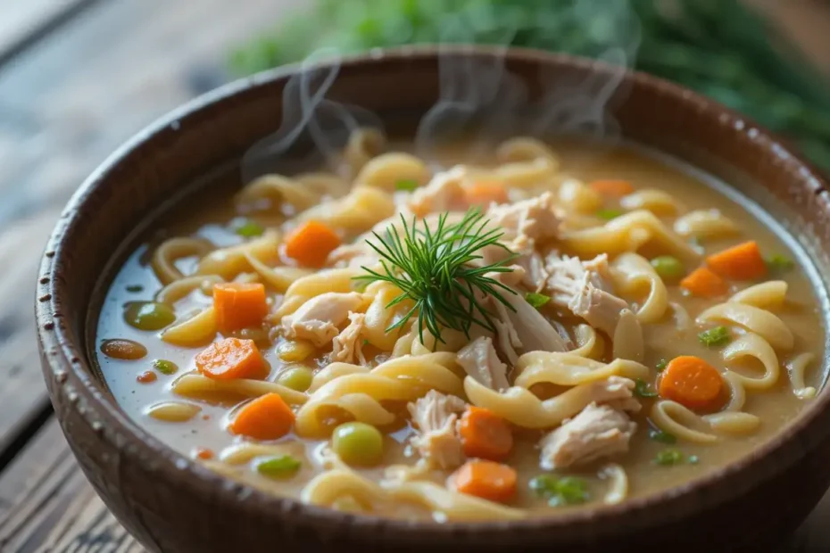 Creamy rotisserie chicken noodle soup in rustic bowl with fresh dill garnish