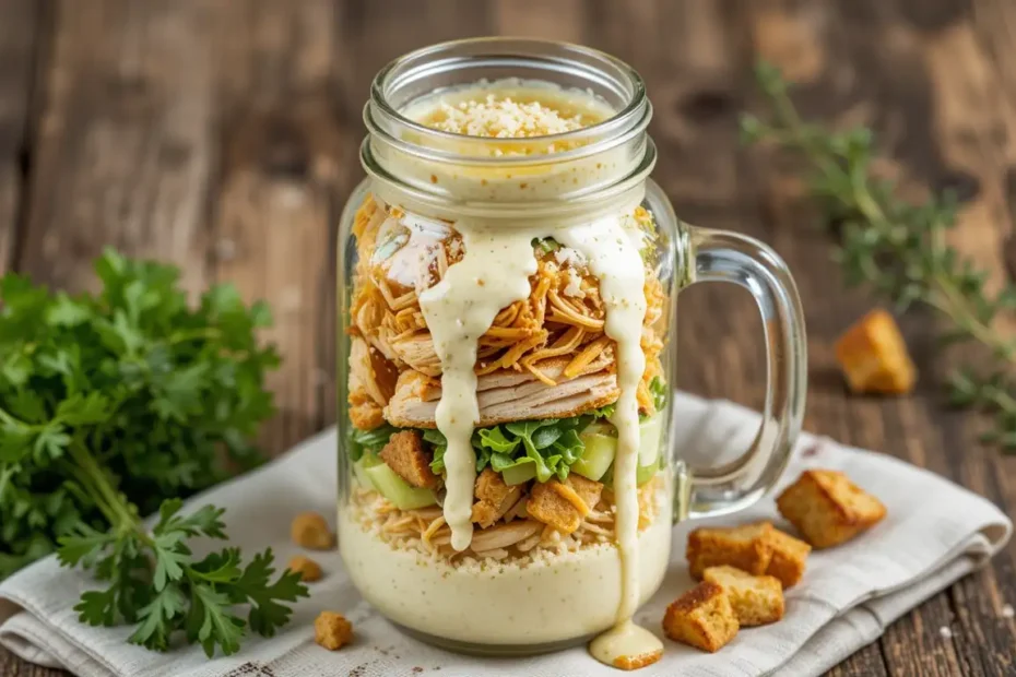 Rotisserie Chicken Caesar Salad Jar with romaine, Parmesan, croutons, and creamy dressing in a Mason jar