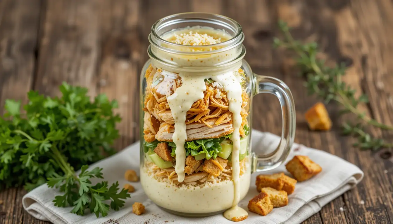 Irresistible Rotisserie Chicken Caesar Salad Jars: Meal Prep Made Easy! 1 Rotisserie Chicken Caesar Salad Jar with romaine, Parmesan, croutons, and creamy dressing in a Mason jar