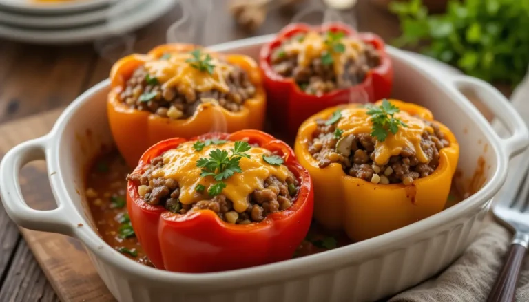 Unbeatable Beef and Veggie Stuffed Peppers: Bold Flavors, Zero Effort 2 Juicy beef and veggie stuffed peppers with melted cheese, fresh herbs, and roasted bell peppers on a rustic table