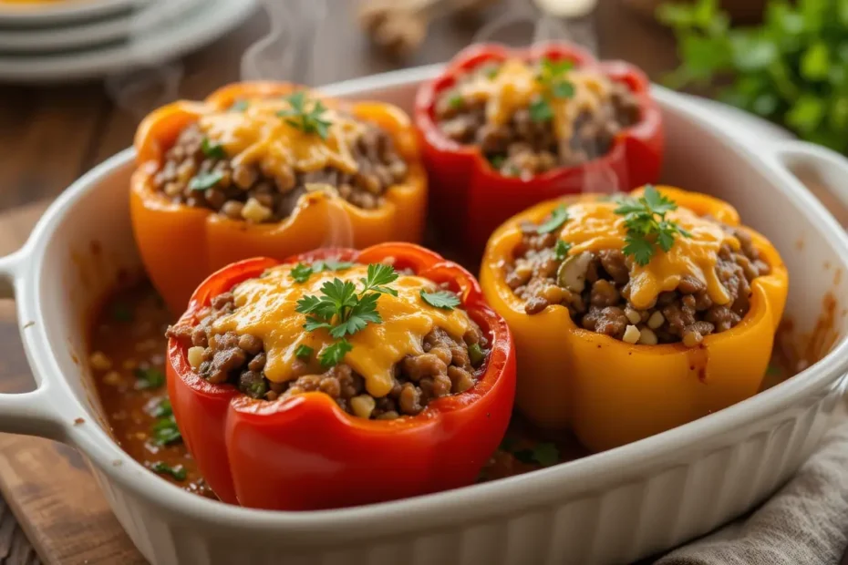 Juicy beef and veggie stuffed peppers with melted cheese, fresh herbs, and roasted bell peppers on a rustic table