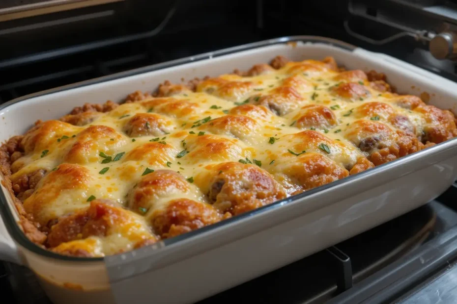 Italian Beef and Zucchini Bake with melted cheese and golden crust