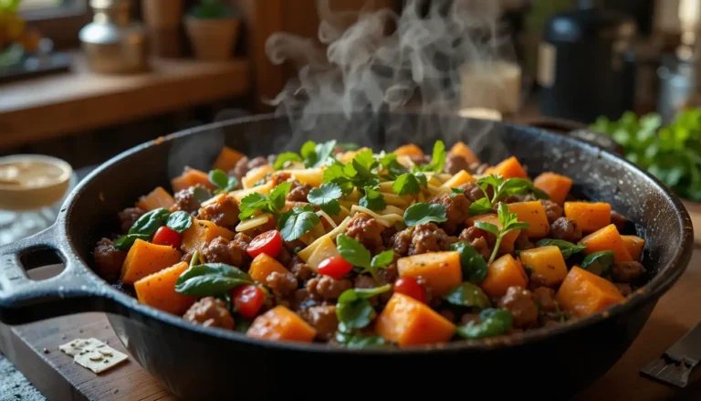 Beef and Sweet Potato Skillet sizzling in a cast-iron pan with fresh herbs and melted cheese garnish