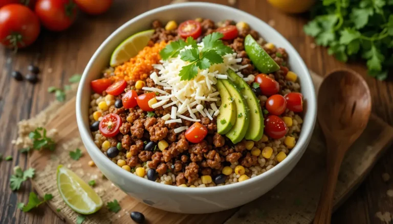 The Ultimate Mexican Beef Burrito Bowls Recipe: Easy, Flavorful, and Perfect for Meal Prep! 11 A vibrant Mexican beef burrito bowl with seasoned ground beef, cilantro-lime rice, black beans, corn, avocado slices, cherry tomatoes, shredded cheese, and fresh cilantro on a rustic table