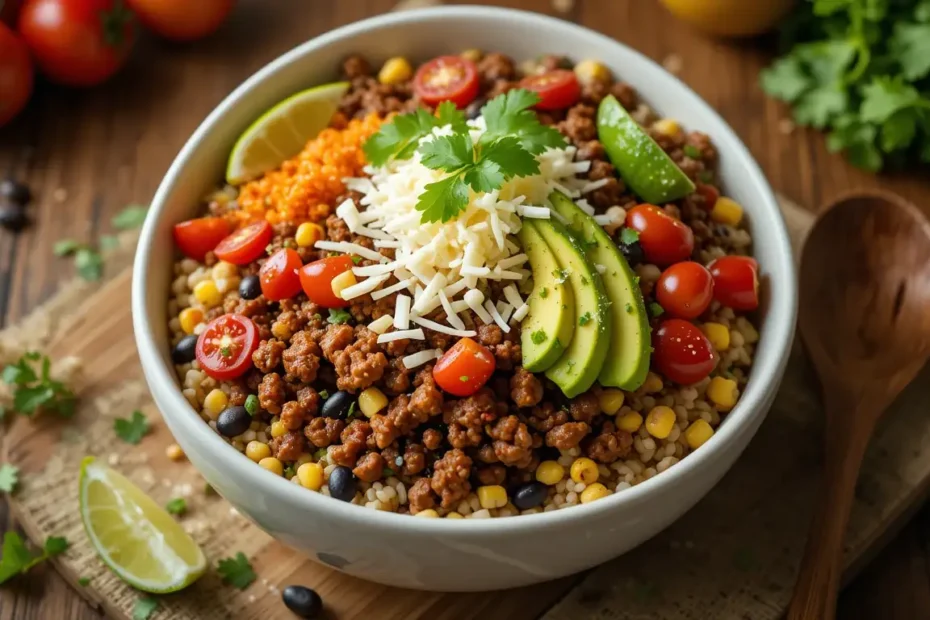 A vibrant Mexican beef burrito bowl with seasoned ground beef, cilantro-lime rice, black beans, corn, avocado slices, cherry tomatoes, shredded cheese, and fresh cilantro on a rustic table