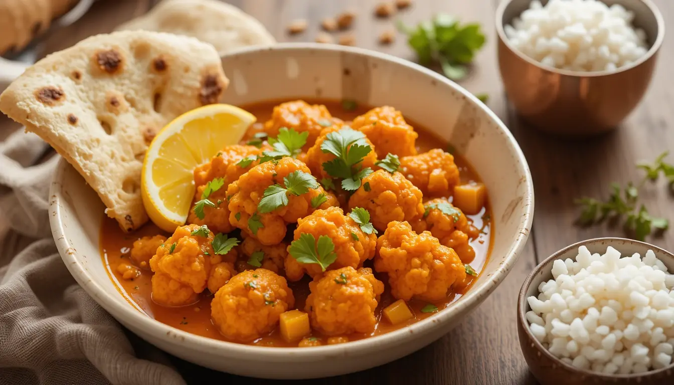 Instant Pot Cauliflower Tikka Masala Recipe: A Flavorful and Healthy Delight 1 Creamy Instant Pot Cauliflower Tikka Masala served in a white bowl with fresh cilantro garnish, basmati rice, and garlic naan bread on the side