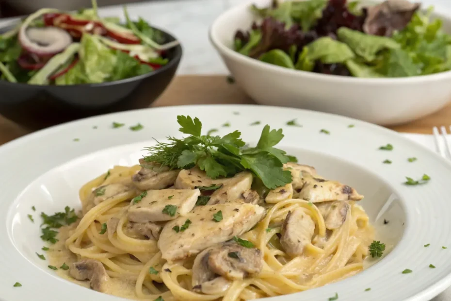 turkey tetrazzini recipe: Delicious turkey tetrazzini served with fresh parsley and a side salad