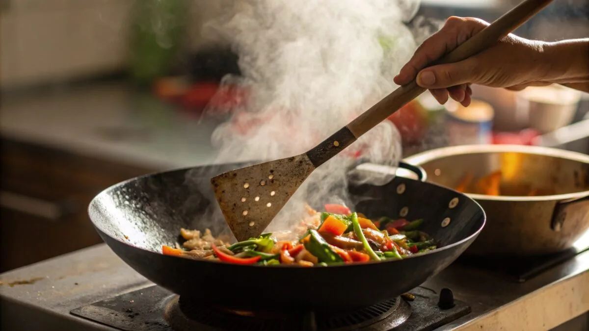 Stir frying ground turkey and vegetables in a wok over high heat for quick cooking Stir frying ground turkey and vegetables in a wok over high heat for quick cooking