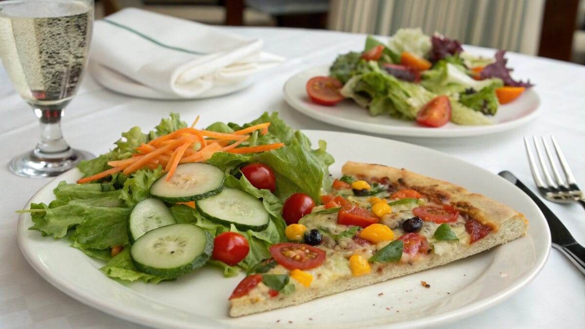 a-fresh-garden-salad-served-alongside-a-slice-of-v Fresh garden salad served as a side dish with vegetable pizza