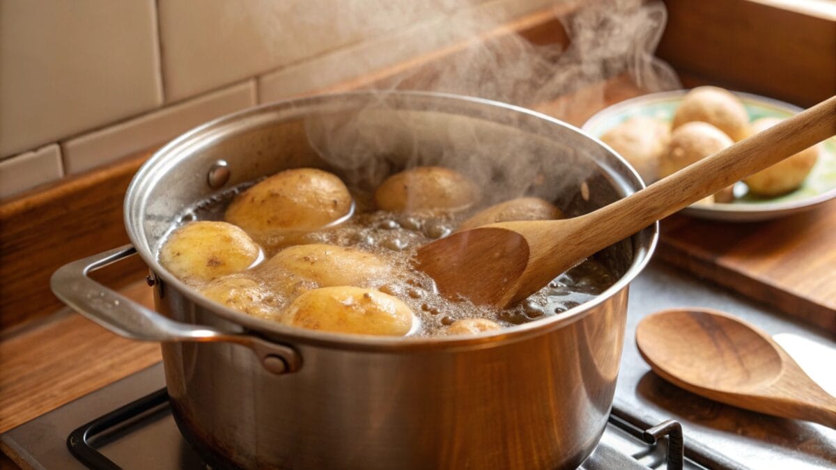 Pot of boiling potatoes for garlic mashed potatoes recipe Pot of boiling potatoes for garlic mashed potatoes recipe