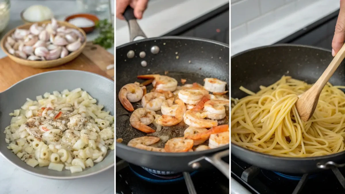 a-step-by-step-visual-guide-showing-the-key-stages (1) step-by-step visual guide showing the key stages of making the seafood pasta, from sautéing to combining
