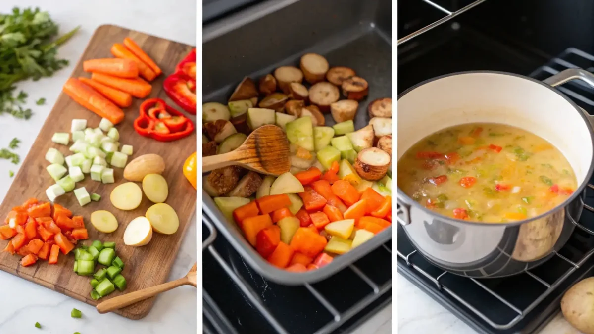 a-step-by-step-visual-guide-showing-the-process-of Step-by-step process of making roasted vegetable soup, including chopping, roasting, and blending