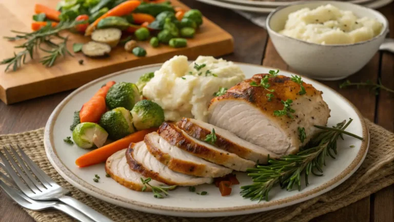 Turkey tenderloin recipe:Turkey tenderloin served with roasted vegetables and mashed potatoes on a dinner table
