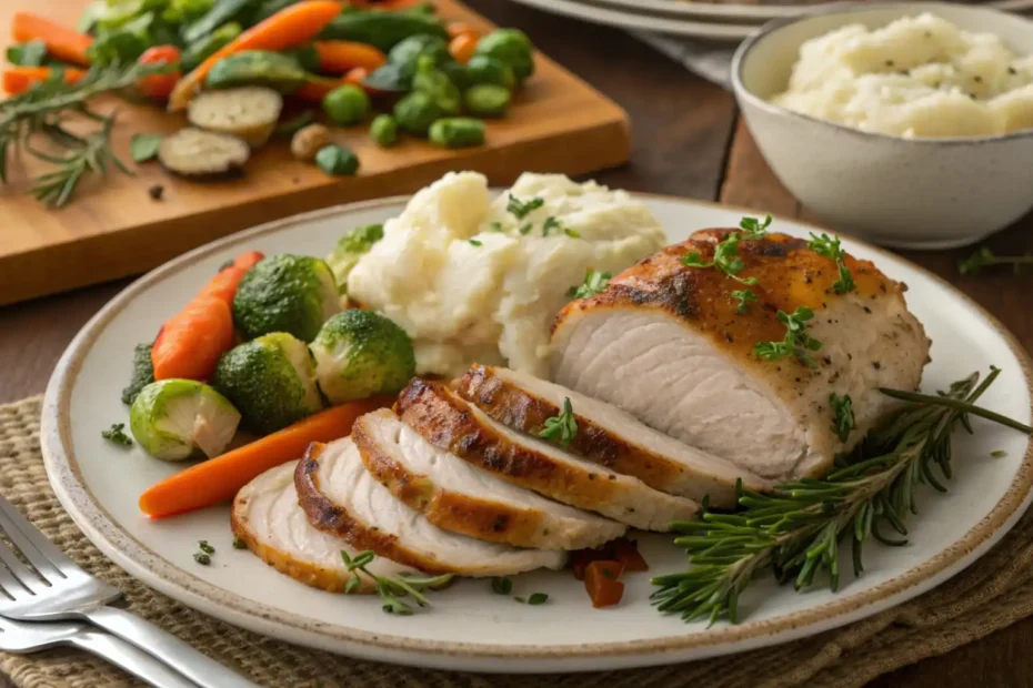 Turkey tenderloin recipe:Turkey tenderloin served with roasted vegetables and mashed potatoes on a dinner table