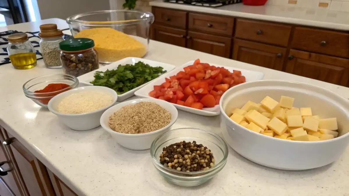 all-the-ingredients-laid-out-on-a-kitchen-counter- Ingredients for vegetable casserole including quinoa, cheese, and vegetables