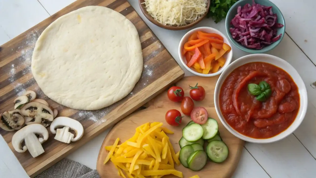 an-overhead-shot-of-all-the-ingredients-laid-out-f Ingredients for vegetable pizza recipe including dough, sauce, cheese, and fresh vegetables