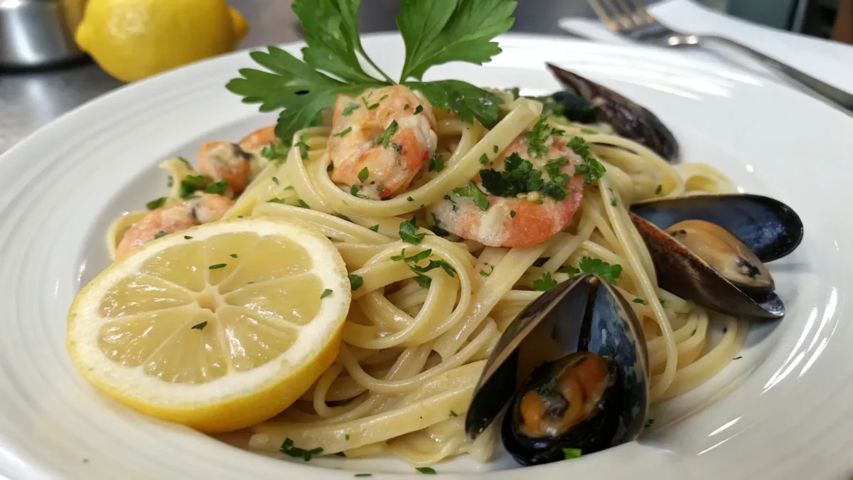 finished-seafood-pasta-dish-garnished-with-parsley Seafood pasta served with white wine and garlic bread for a complete meal