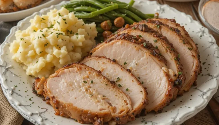 Boneless turkey breast served with mashed potatoes and green beans.