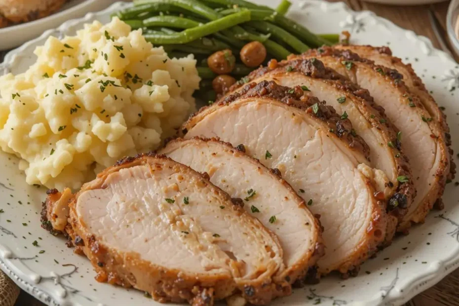 Boneless turkey breast served with mashed potatoes and green beans.