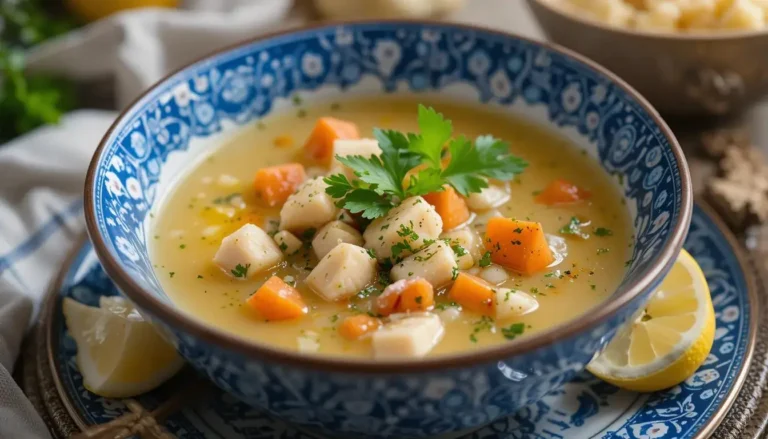 turkey soup recipe: Delicious turkey soup served in a bowl, garnished with parsley and lemon