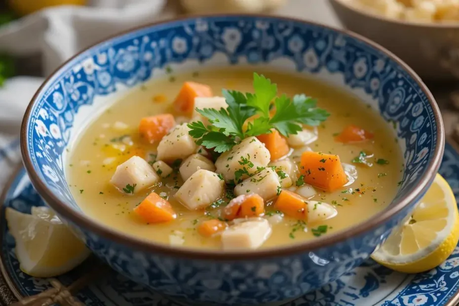 turkey soup recipe: Delicious turkey soup served in a bowl, garnished with parsley and lemon