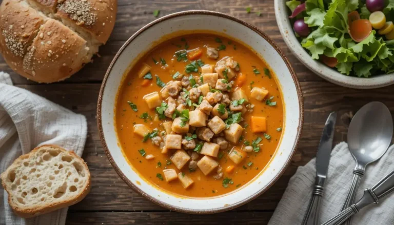 Serving ground turkey soup from the pot into a bowl