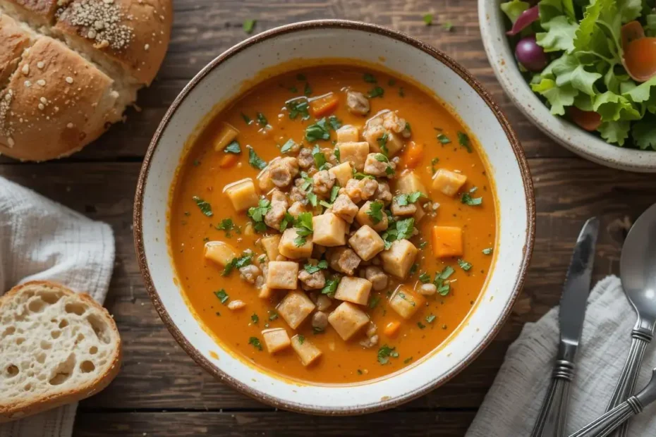 Serving ground turkey soup from the pot into a bowl