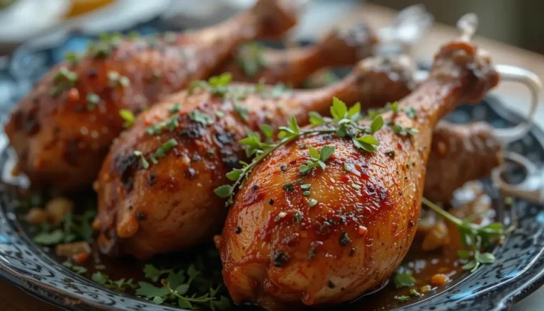 Deliciously smoked turkey legs ready to serve, garnished with fresh herbs.