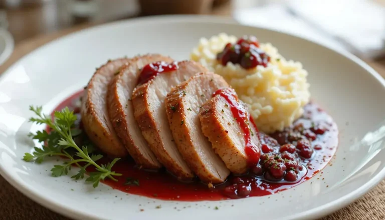 Plated serving of smoked turkey with garlic mashed potatoes and cranberry sauce