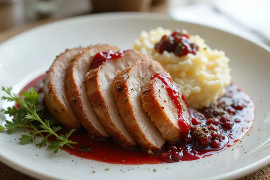 Plated serving of smoked turkey with garlic mashed potatoes and cranberry sauce