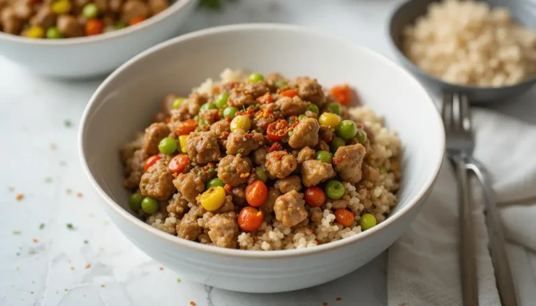 Ground turkey stir fry served in a bowl with quinoa and chili flakes for added spice